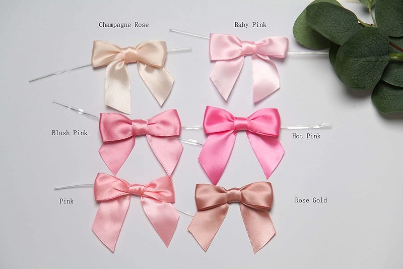 Rainbow Pana 60 Pack Twist Tie Bows for Treat Bags 3"" Rose Gold Satin Ribbon Bows for Package Craft Gift Wrapping Decoration - Image 3